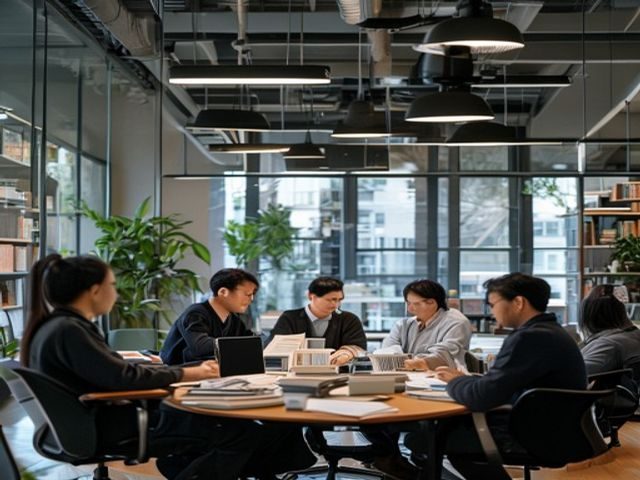 日本伦理片研究中心团队成员在现代化办公室内围坐讨论，桌面摆放着日本电影相关书籍与资料，氛围专业而富有文化气息
