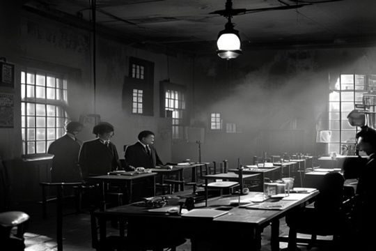 日本映画倫理委員会审查现场的历史照片，黑白影调呈现1970年代电影审查制度的严肃氛围