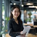 林晓雅，内容总监，微笑面向镜头，背景为现代化开放式办公区，桌面摆放着电影剧照与笔记本